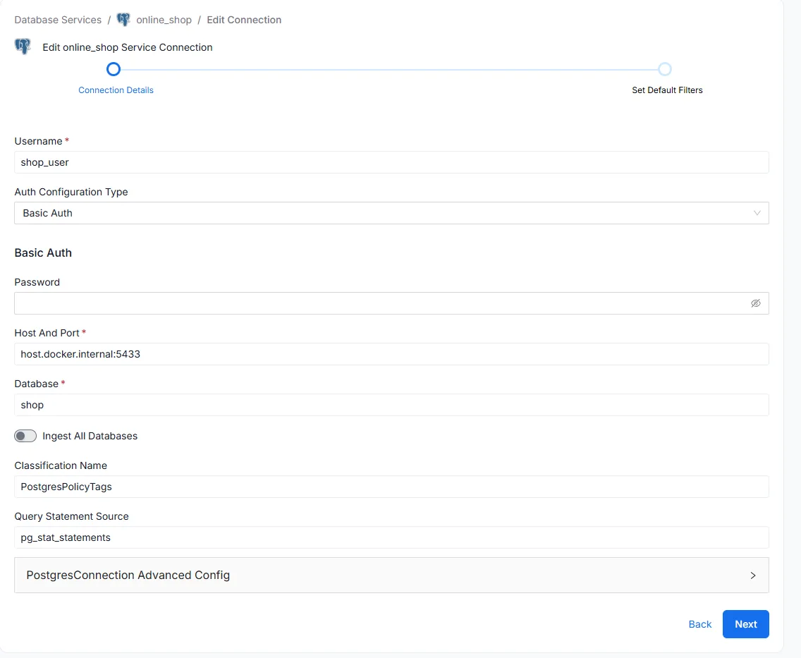 Add New Service Connection Details for Postgres pointing at host.docker.internal:5433