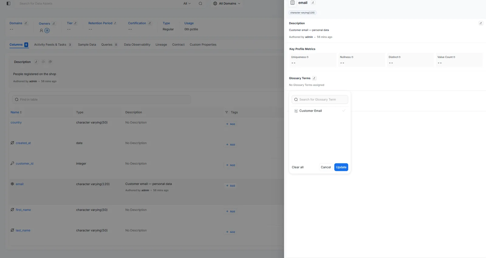 Attaching the glossary term to the email column of customers