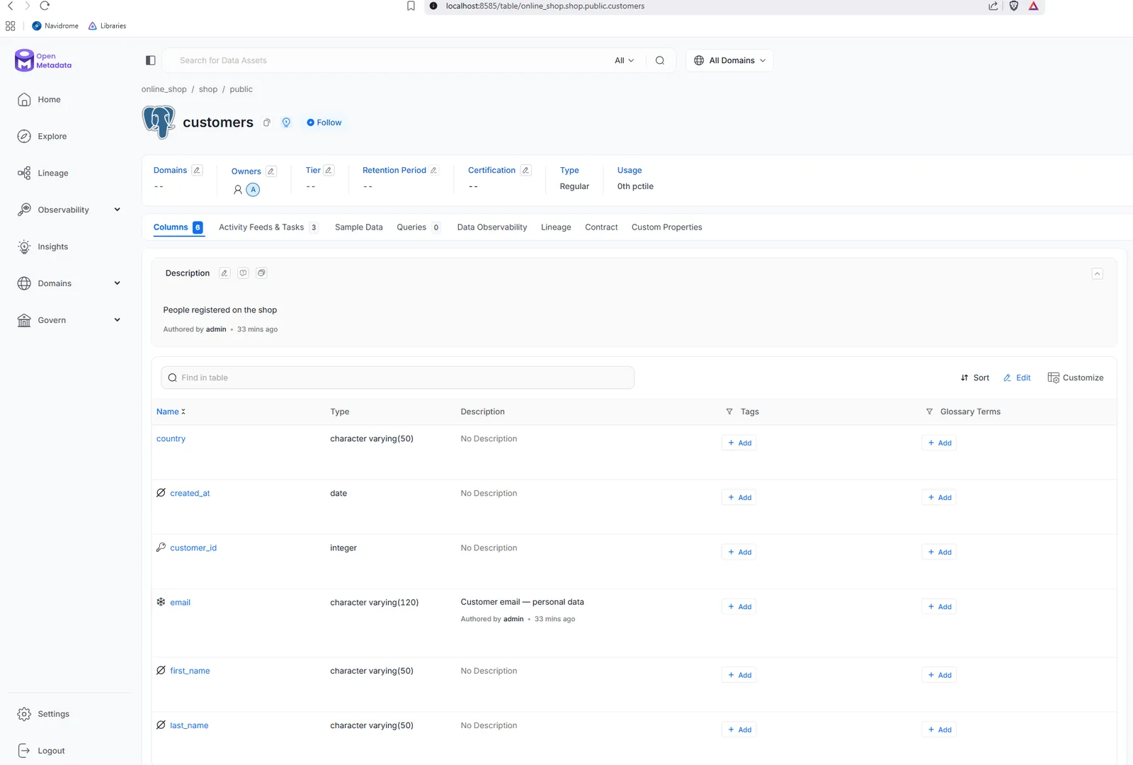 customers table page; the breadcrumb online_shop / shop / public forms the FQN