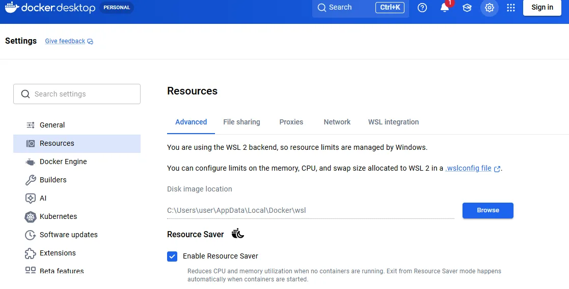 Docker Desktop Resources tab showing limits are managed by Windows via .wslconfig