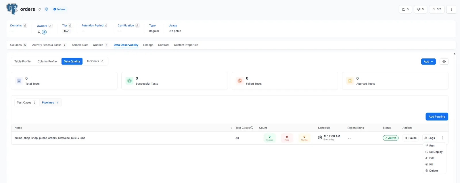 Test Suite page where you deploy and run the test pipeline